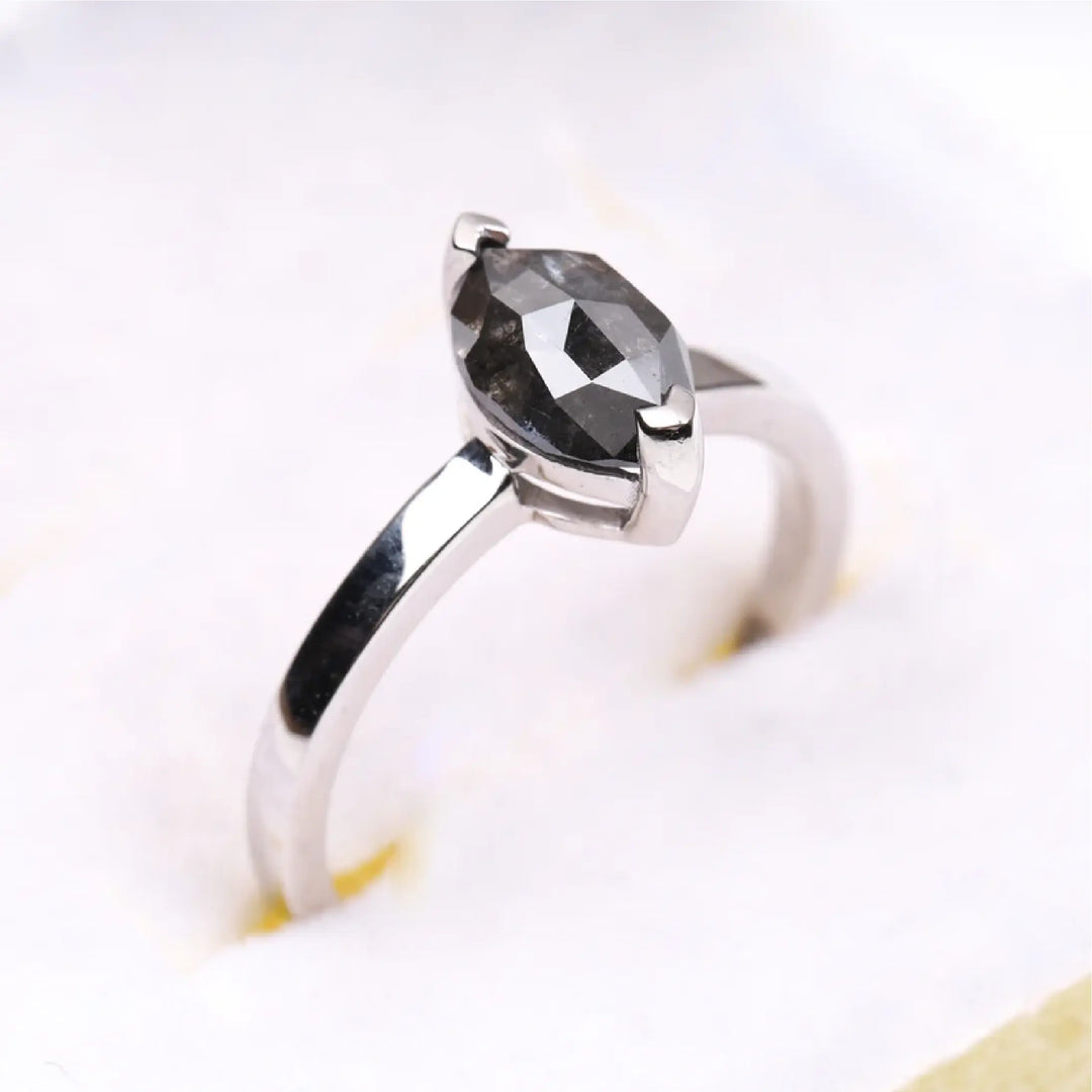 Marquise Cut Salt and Pepper Solitaire Diamond Ring - Minimal Carbon