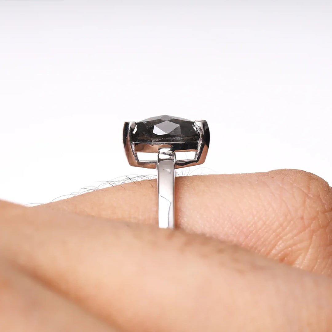 Marquise Cut Salt and Pepper Solitaire Diamond Ring - Minimal Carbon