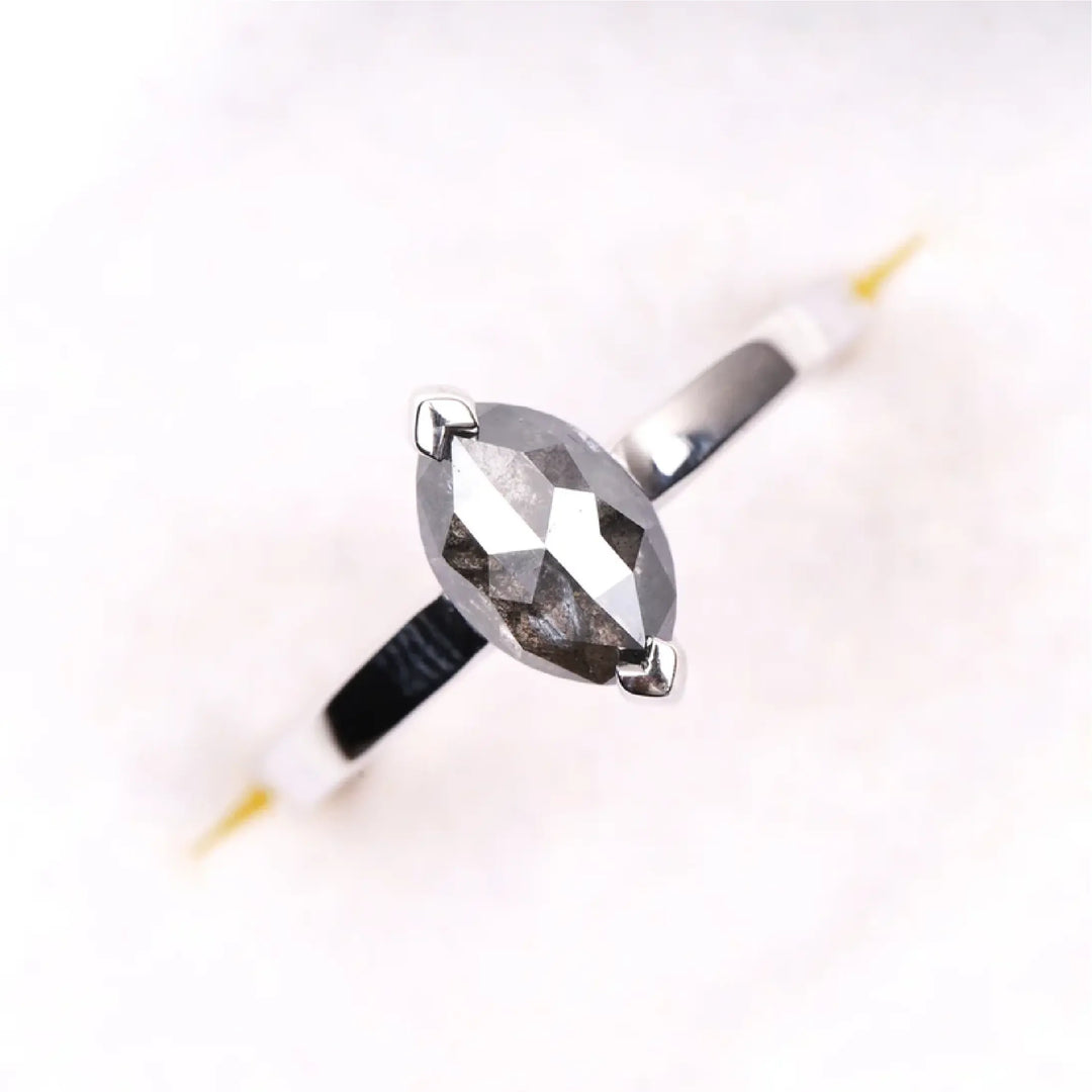 Marquise Cut Salt and Pepper Solitaire Diamond Ring - Minimal Carbon