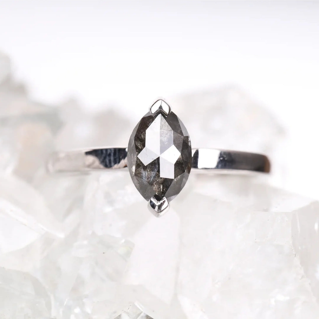 Marquise Cut Salt and Pepper Solitaire Diamond Ring - Minimal Carbon