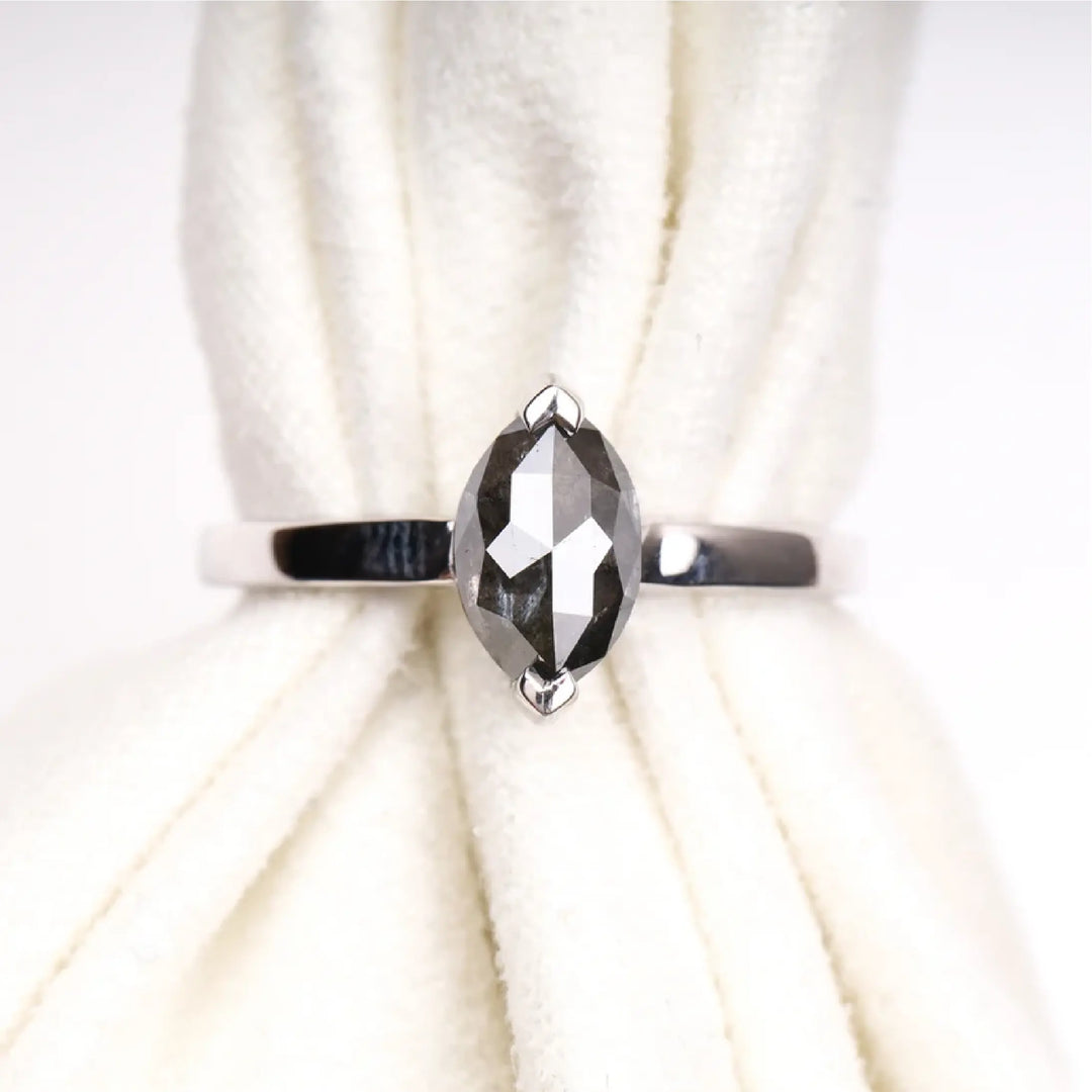 Marquise Cut Salt and Pepper Solitaire Diamond Ring - Minimal Carbon