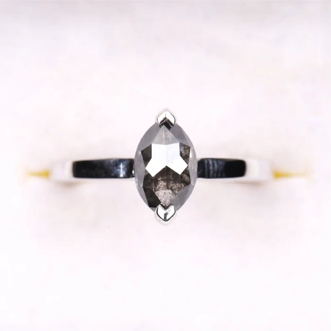 Marquise Cut Salt and Pepper Solitaire Diamond Ring - Minimal Carbon