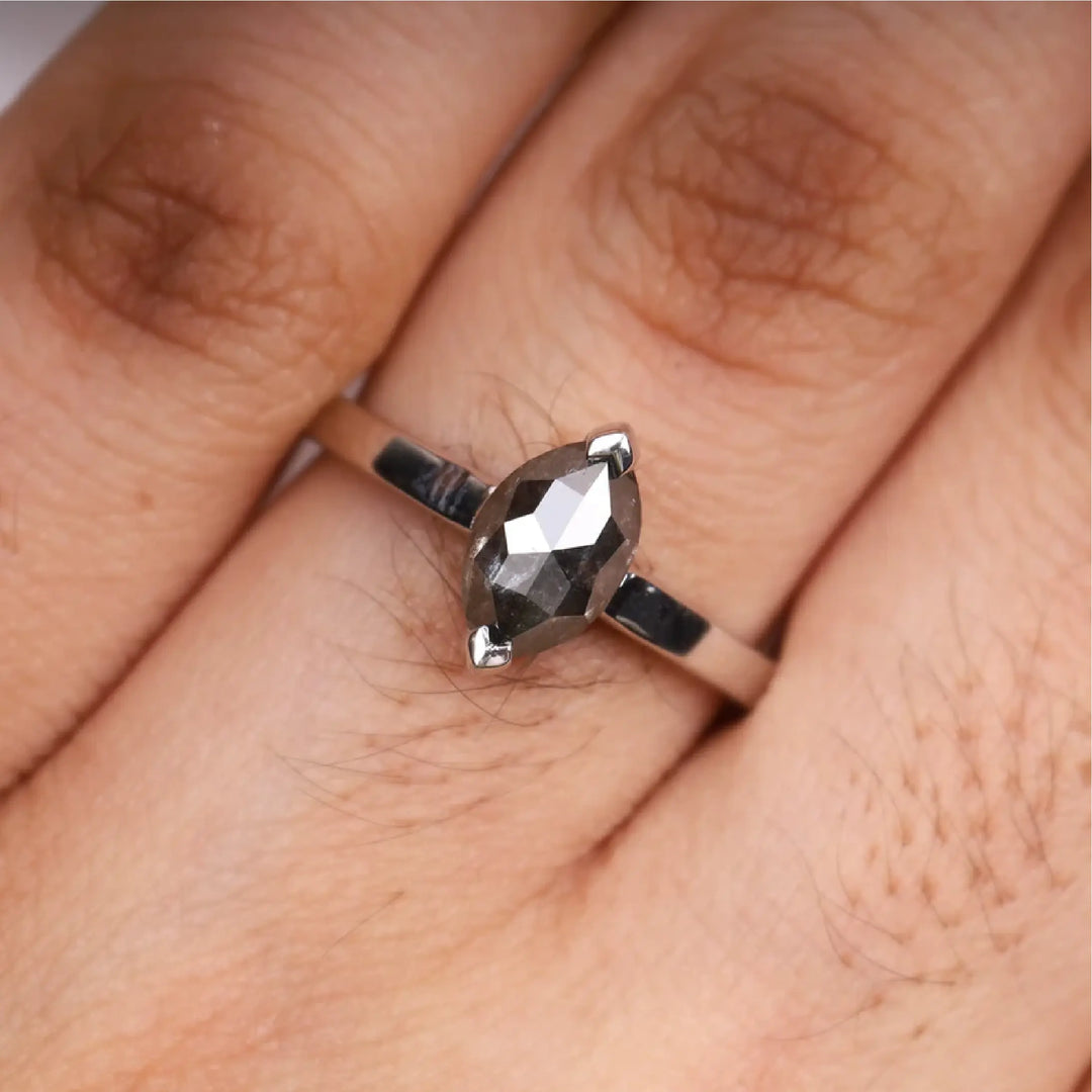 Marquise Cut Salt and Pepper Solitaire Diamond Ring - Minimal Carbon