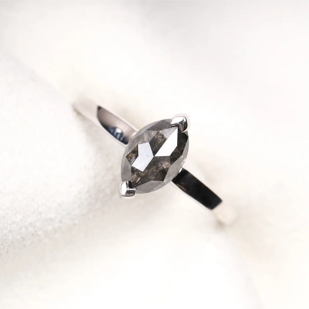 Marquise Cut Salt and Pepper Solitaire Diamond Ring - Minimal Carbon