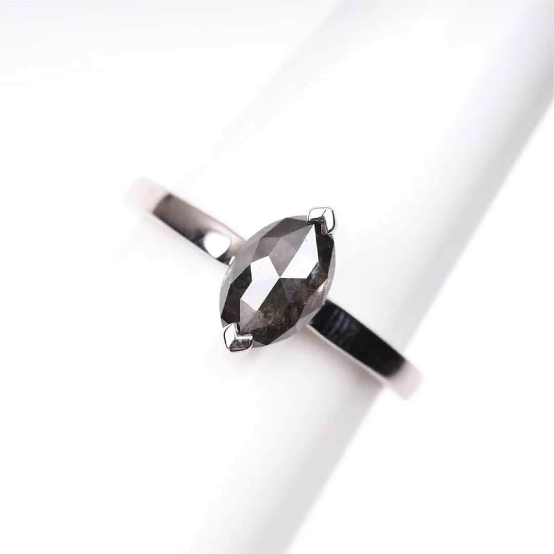 Marquise Cut Salt and Pepper Solitaire Diamond Ring - Minimal Carbon
