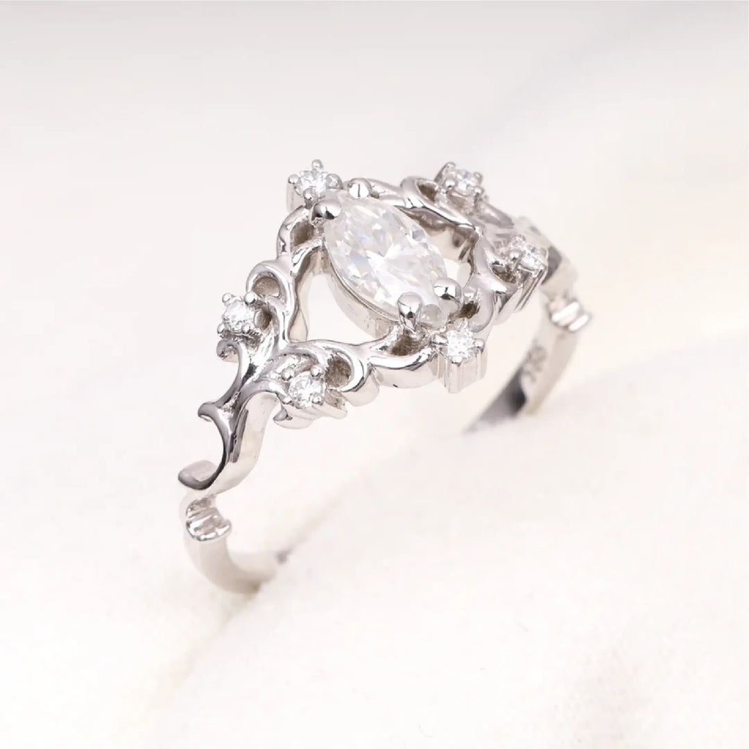 Moissanite Marquise Cut Vintage Floral Bridal Ring - Minimal Carbon