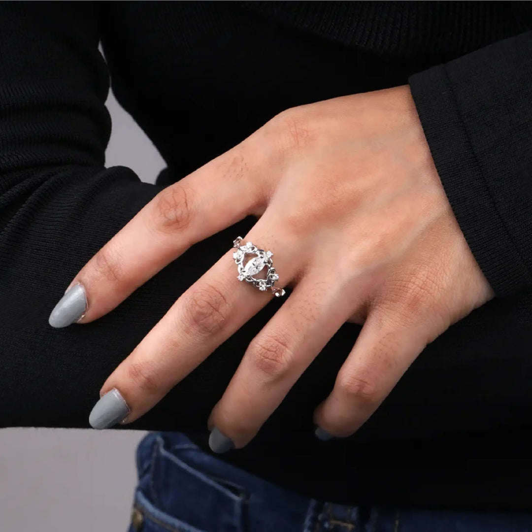 Moissanite Marquise Cut Vintage Floral Bridal Ring - Minimal Carbon