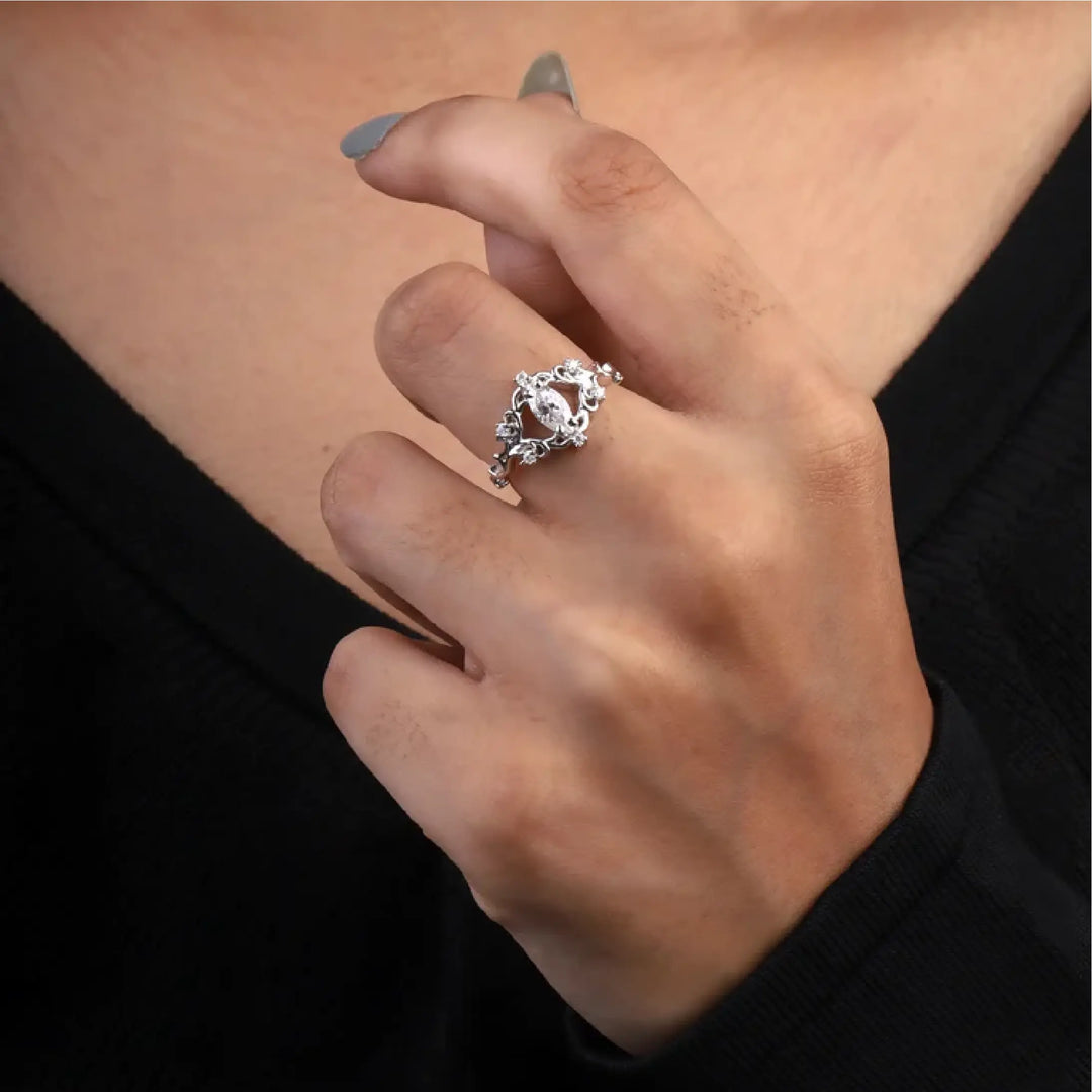 Moissanite Marquise Cut Vintage Floral Bridal Ring - Minimal Carbon