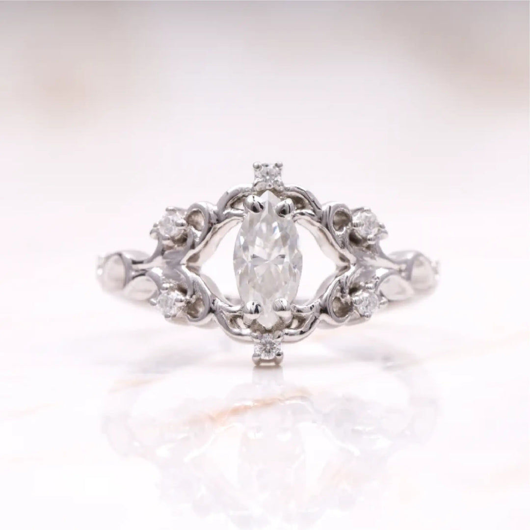 Moissanite Marquise Cut Vintage Floral Bridal Ring - Minimal Carbon