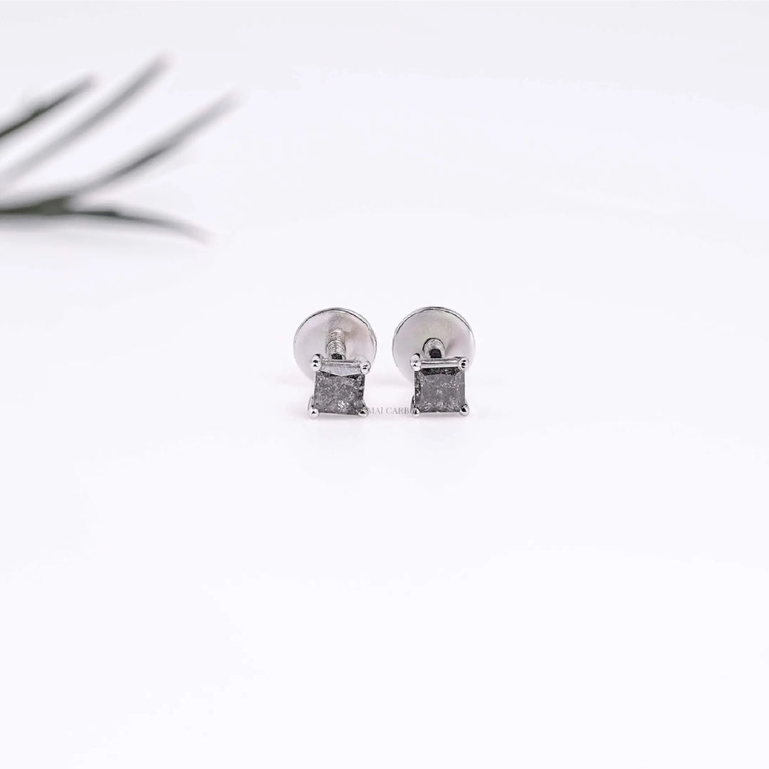 Natural Salt and Pepper Diamond Princess Cut Stud