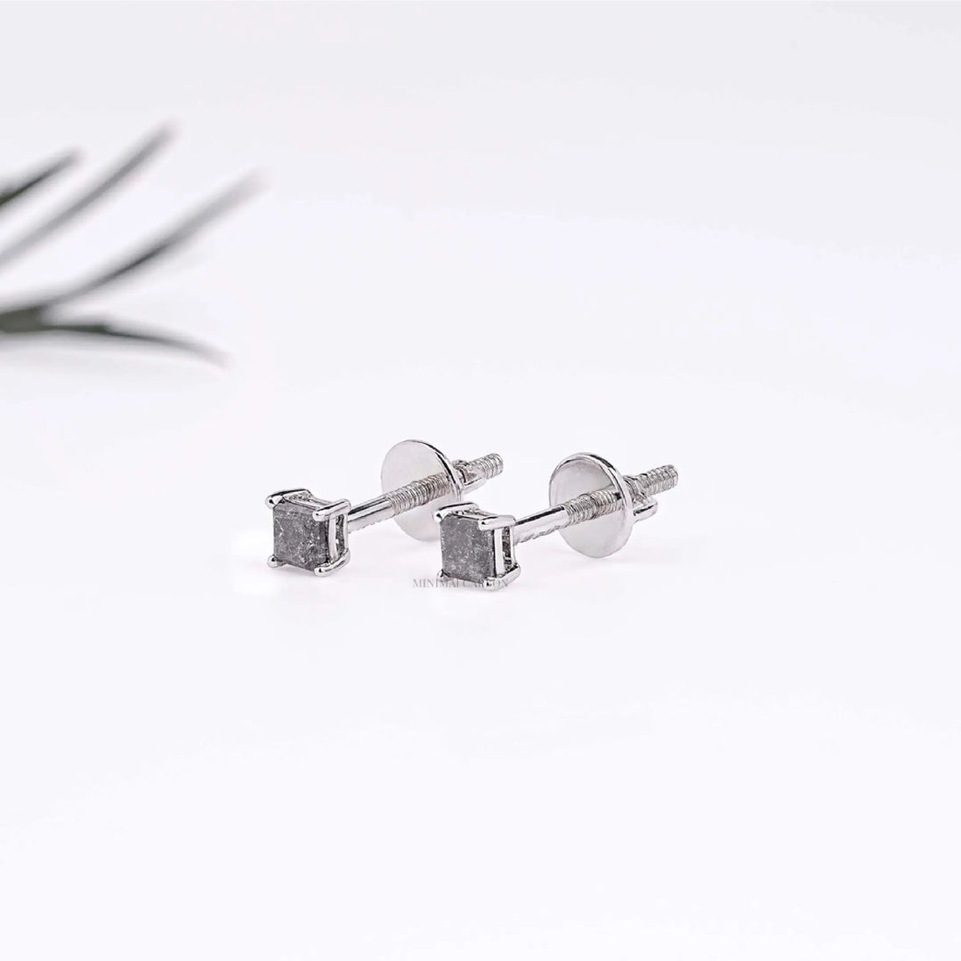 Natural Salt and Pepper Diamond Princess Cut Stud