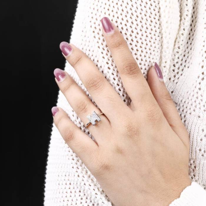 H Initial Diamond Ring Letter Solid Gold