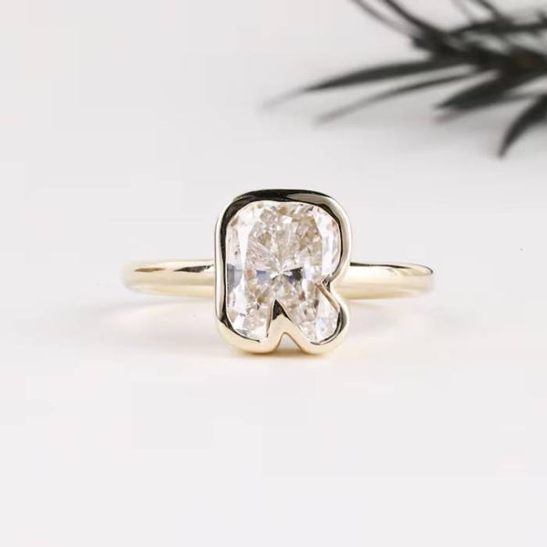 R Initial Diamond Ring Letter Solid Gold