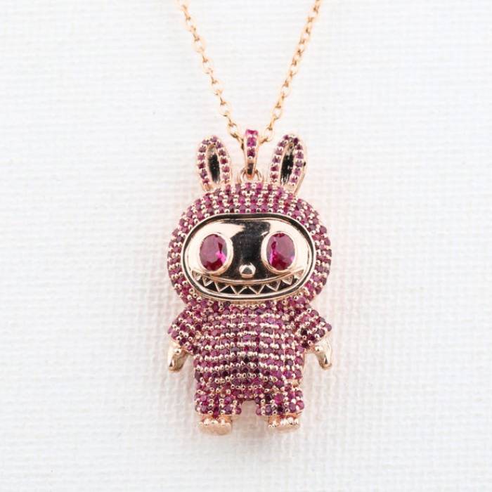 Labubu Pendant Pink Diamond Labubu Doll Pendant Labubu Inspired CZ Micro Pave Pendant Labubu Monster Pendant