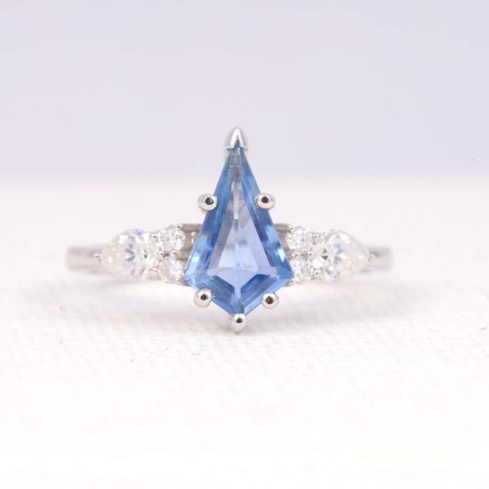 Natural Kite Cut Three Stone Blue Sapphire Ring