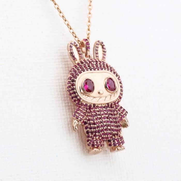 Labubu Pendant Pink Diamond Labubu Doll Pendant Labubu Inspired CZ Micro Pave Pendant Labubu Monster Pendant