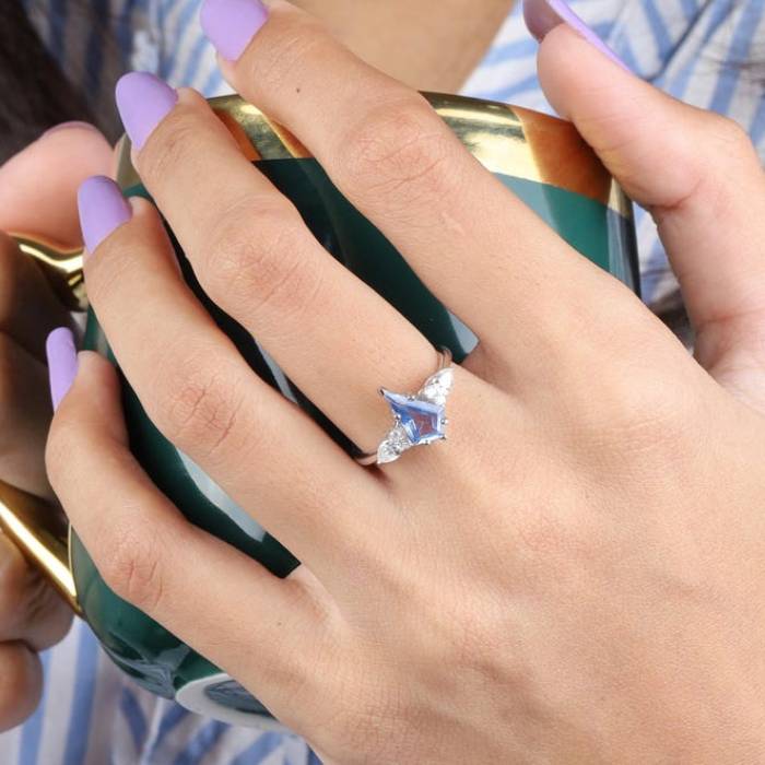 Natural Kite Cut Three Stone Blue Sapphire Ring