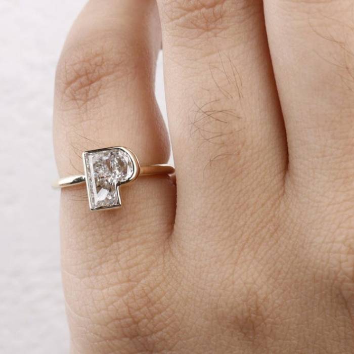 P Initial Ring Letter Ring Initial Diamond Ring Letter Solid Gold Rings Diamond