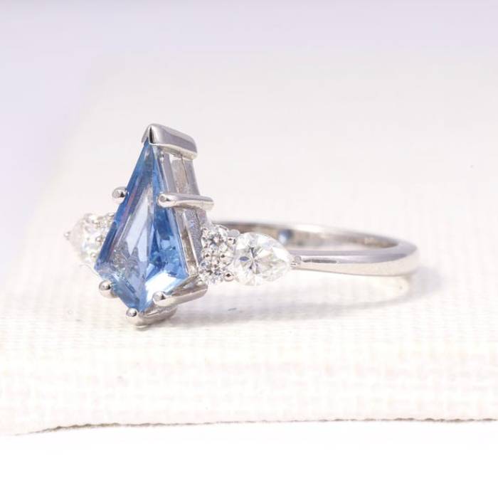 Natural Kite Cut Three Stone Blue Sapphire Ring