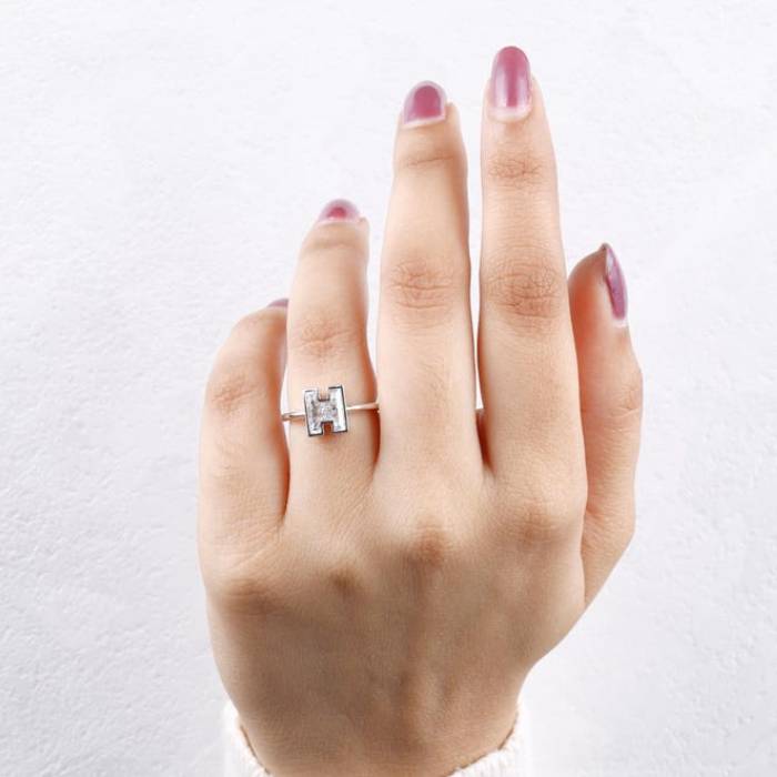 H Initial Diamond Ring Letter Solid Gold