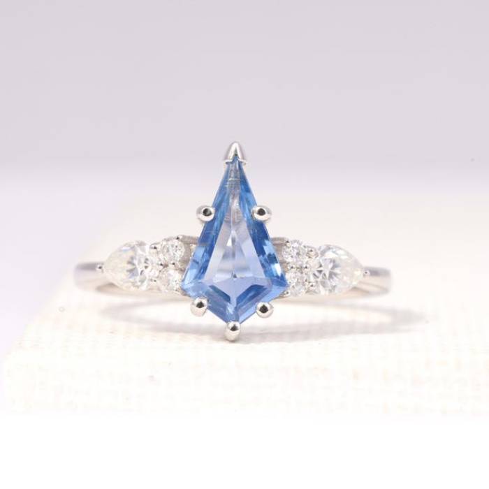 Natural Kite Cut Three Stone Blue Sapphire Ring