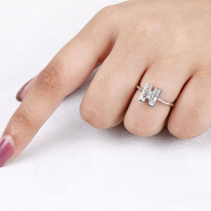 H Initial Diamond Ring Letter Solid Gold