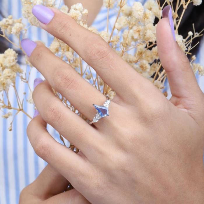 Natural Kite Cut Three Stone Blue Sapphire Ring
