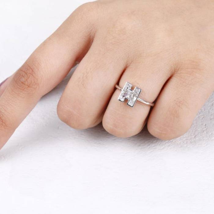 H Initial Diamond Ring Letter Solid Gold