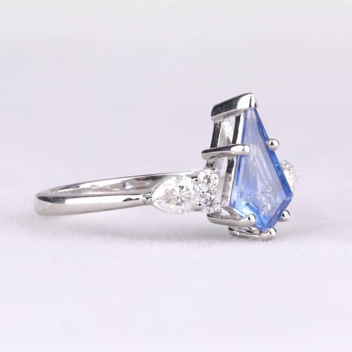 Natural Kite Cut Three Stone Blue Sapphire Ring