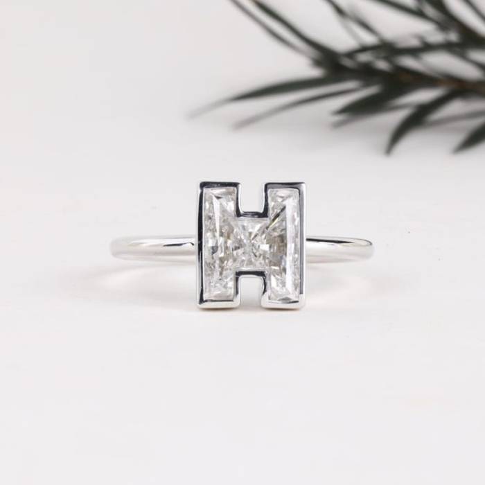 H Initial Diamond Ring Letter Solid Gold