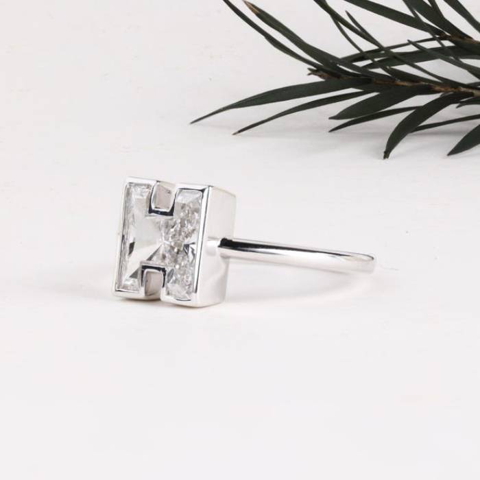 H Initial Diamond Ring Letter Solid Gold