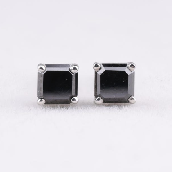 Square-Cut Black Diamond Stud Earrings in White Gold
