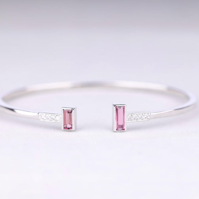 Pink Tourmaline Birthstone Open Cuff Bracelet