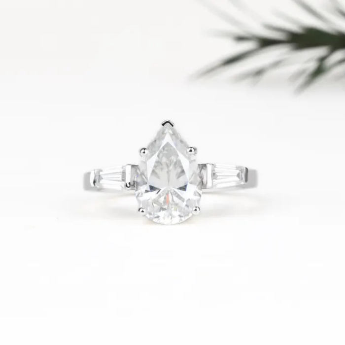 Pear Shaped Moissanite Three Stone Engagement Ring - Minimal Carbon