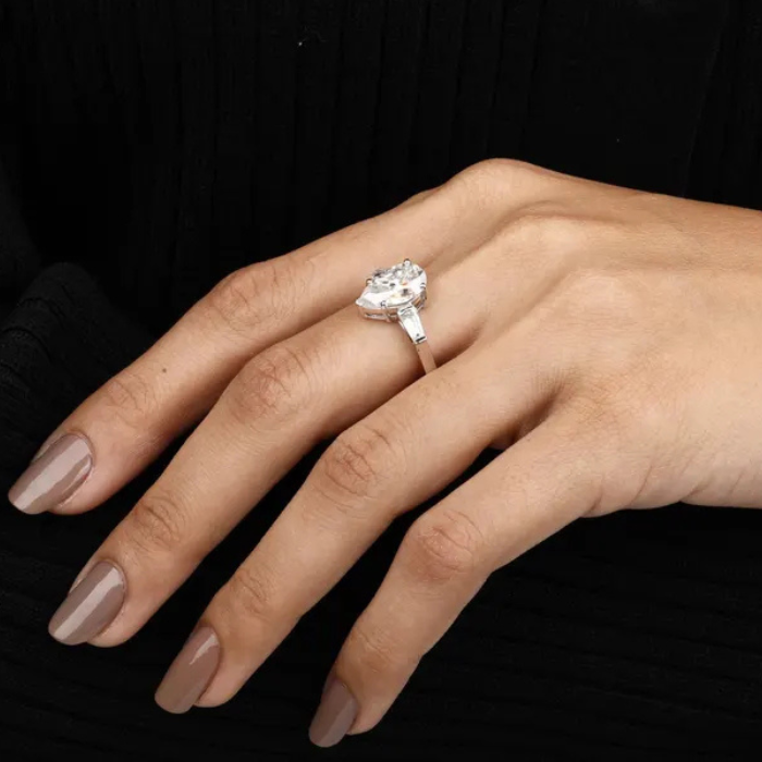 Pear Shaped Moissanite Three Stone Engagement Ring - Minimal Carbon
