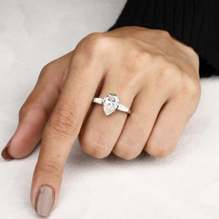 Pear Shaped Moissanite Three Stone Engagement Ring - Minimal Carbon