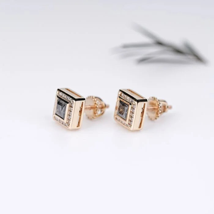 Princess Cut Rustic Diamond Halo Stud Earrings