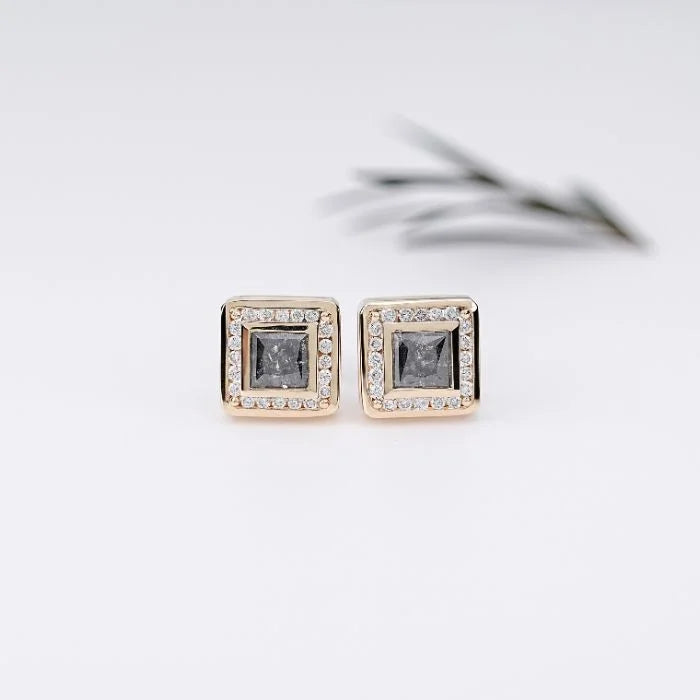 Princess Cut Rustic Diamond Halo Stud Earrings