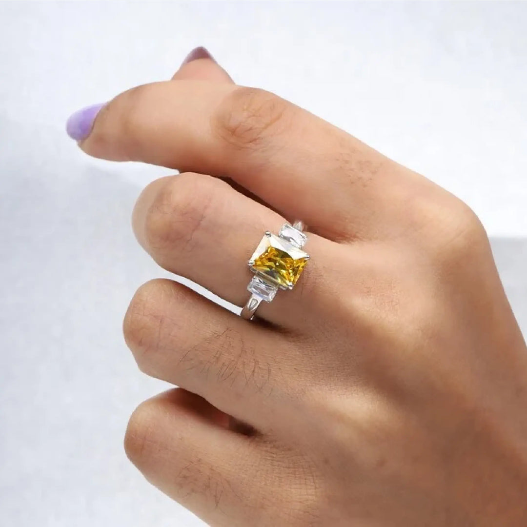 Radiant Cut Citrine Three Stone Diamond Ring - Minimal Carbon