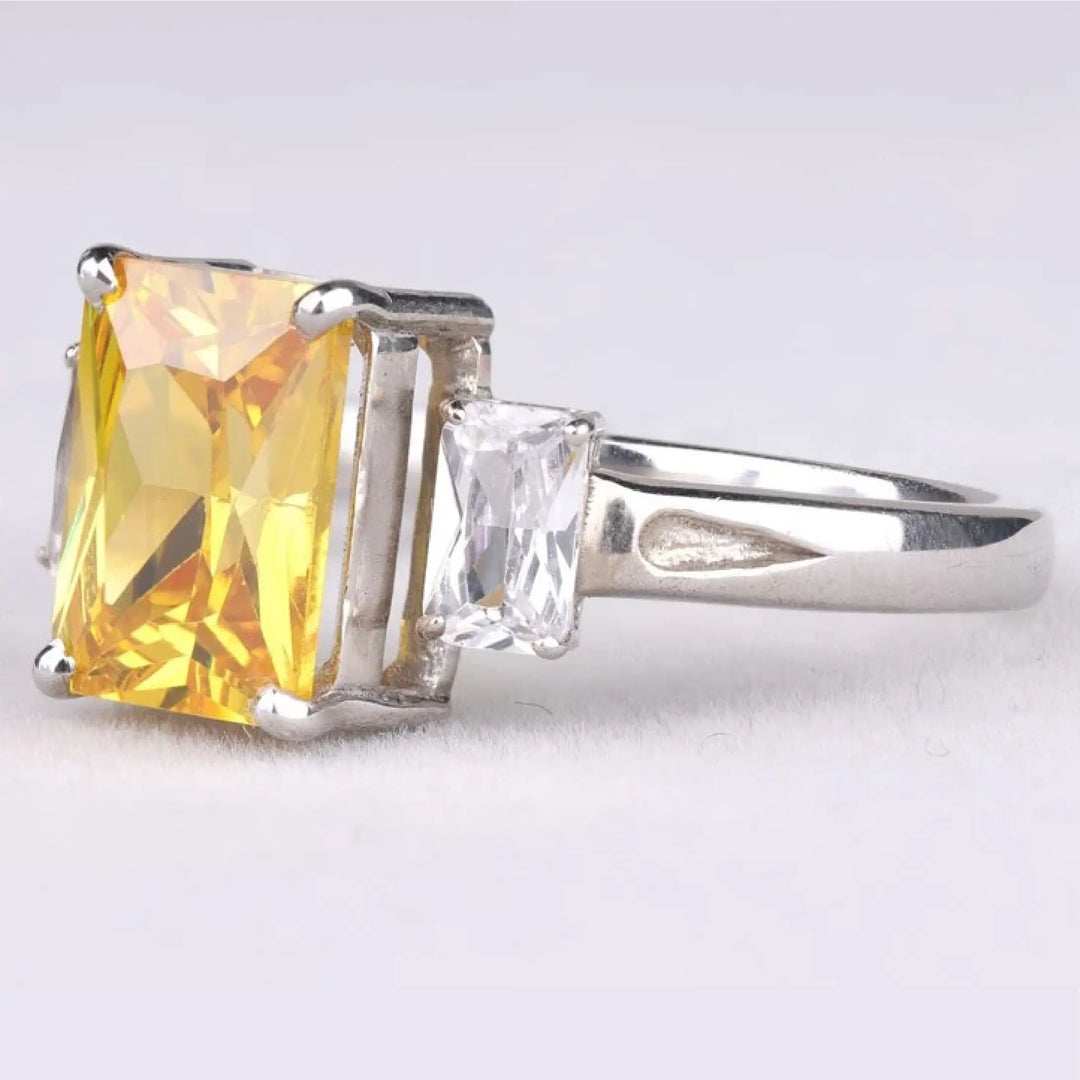 Radiant Cut Citrine Three Stone Diamond Ring - Minimal Carbon