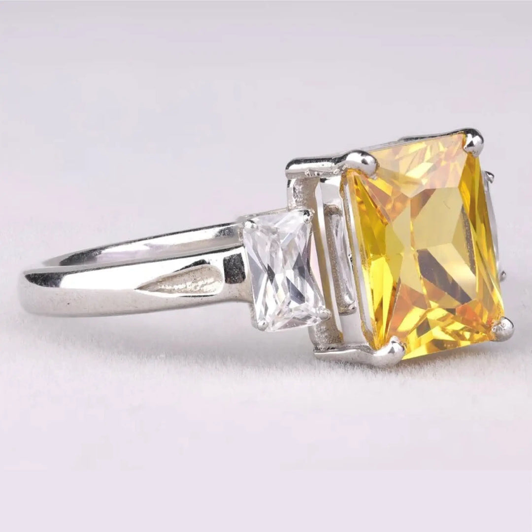 Radiant Cut Citrine Three Stone Diamond Ring - Minimal Carbon
