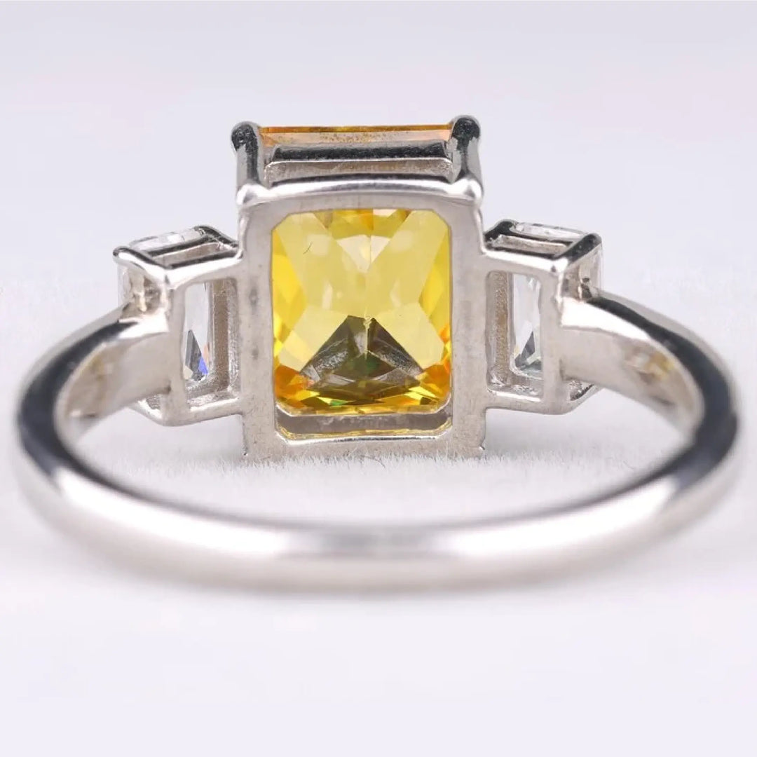 Radiant Cut Citrine Three Stone Diamond Ring - Minimal Carbon
