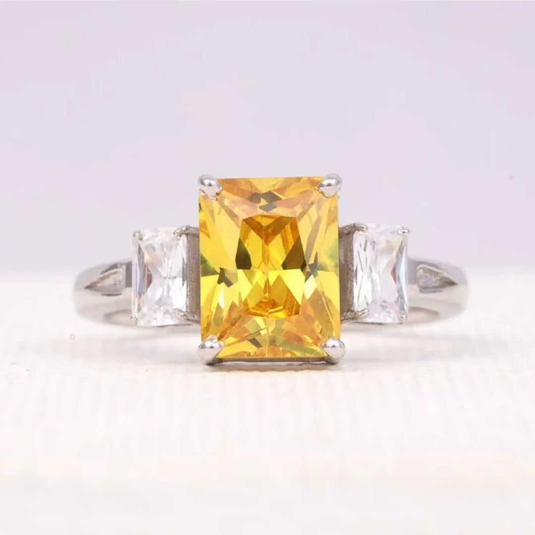 Radiant Cut Citrine Three Stone Diamond Ring - Minimal Carbon