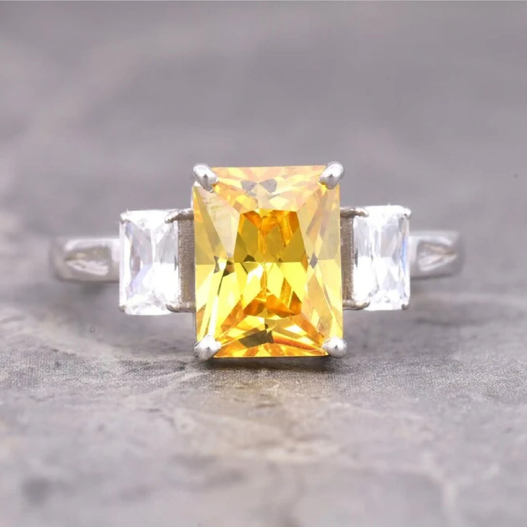 Radiant Cut Citrine Three Stone Diamond Ring - Minimal Carbon