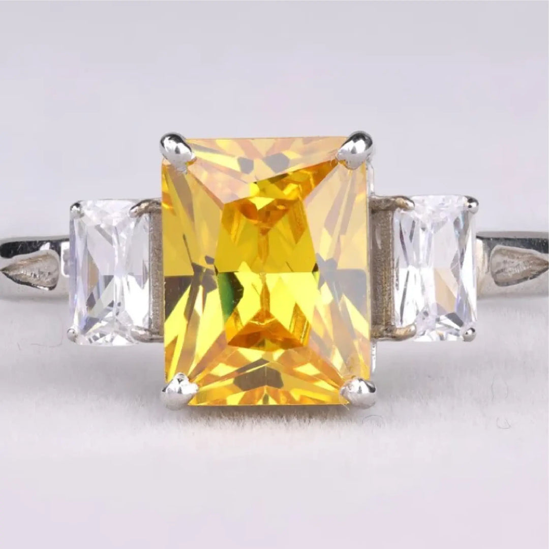 Radiant Cut Citrine Three Stone Diamond Ring - Minimal Carbon