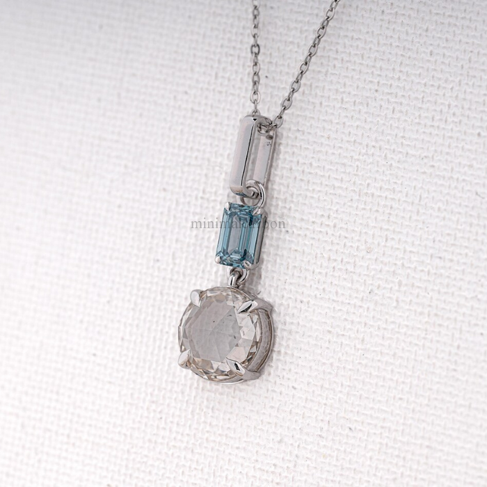 Round And Emerald Cut Diamond Drop Pendant Necklace