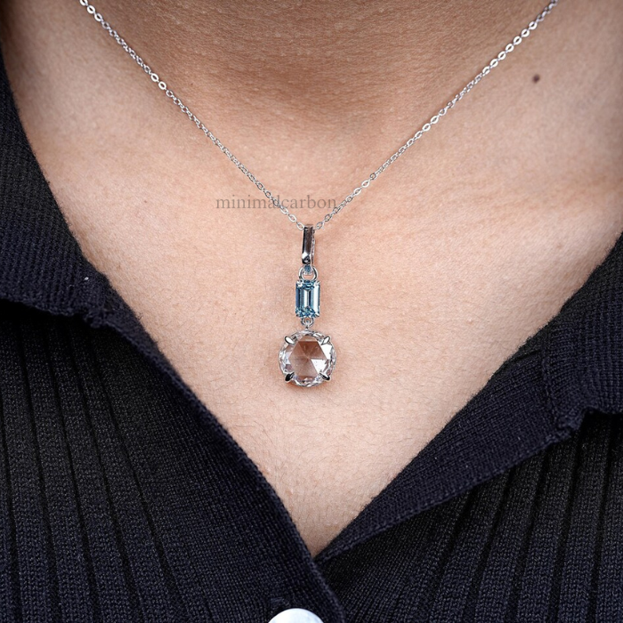 Round And Emerald Cut Diamond Drop Pendant Necklace