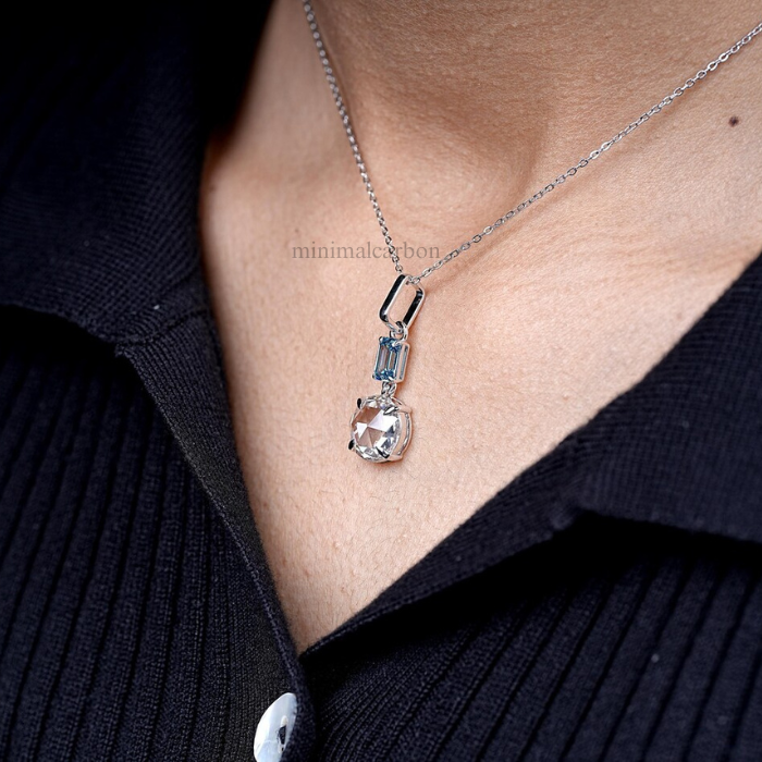 Round And Emerald Cut Diamond Drop Pendant Necklace