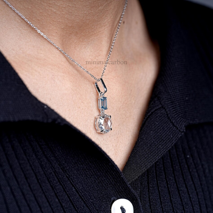 Round And Emerald Cut Diamond Drop Pendant Necklace