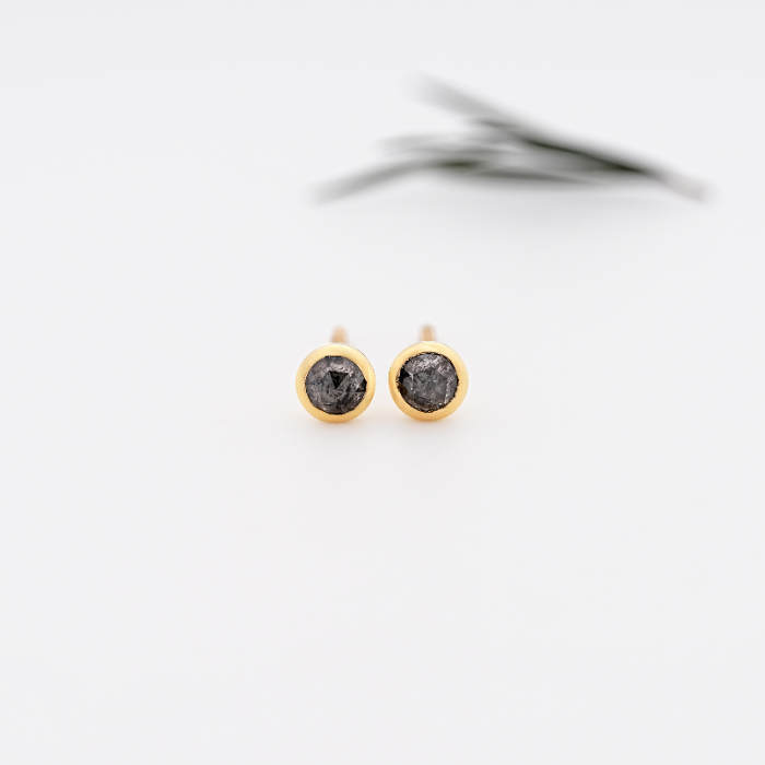 Round Rose Salt and Pepper Diamond Solitaire Bezel Earring